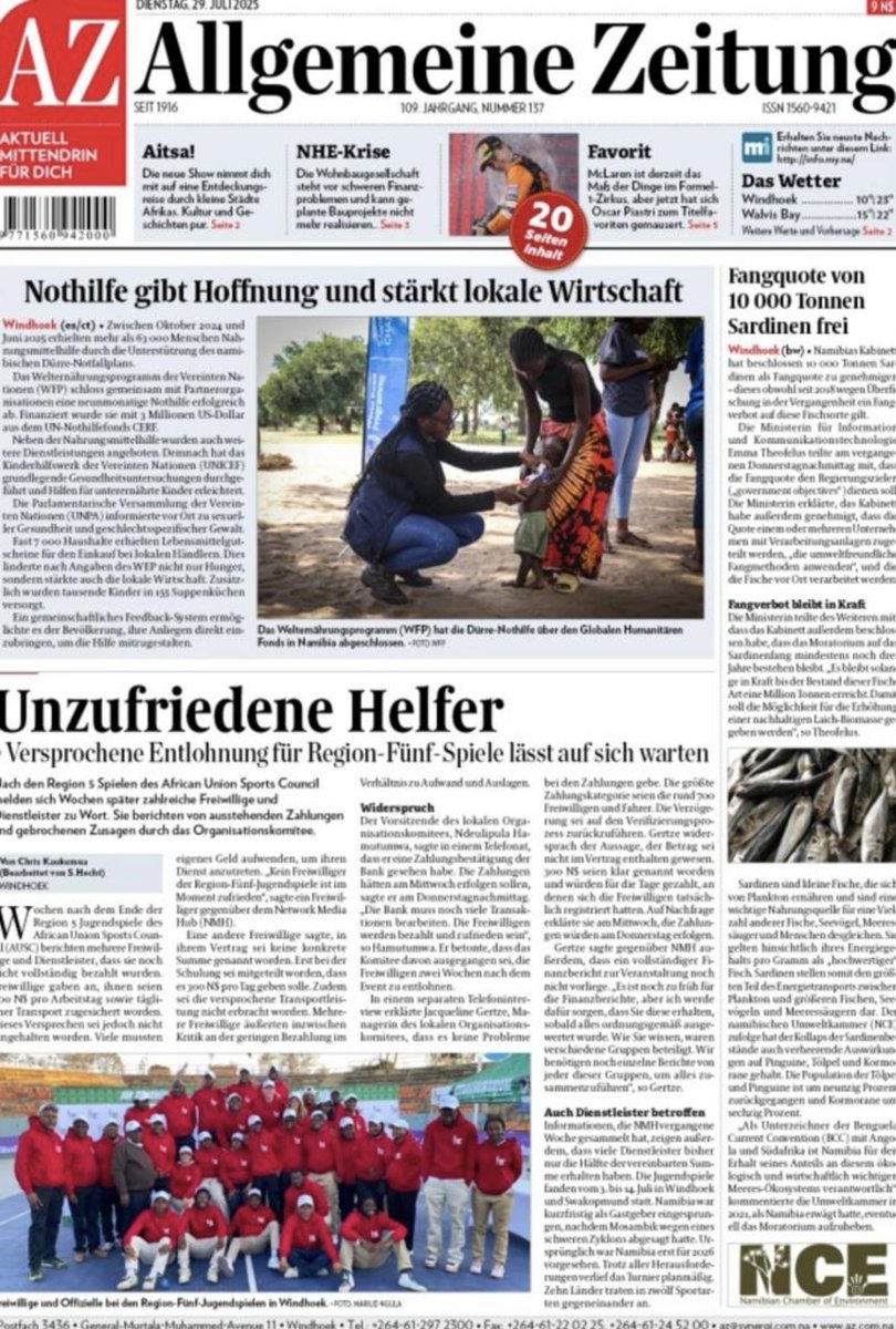 Ein Blick auf die Titelseite der morgigen AZ📰:

#frontpage #aznamnews #nhmnews #titelseite #az #aitsa #dürrehilfe #region5games #mclaren #nhe