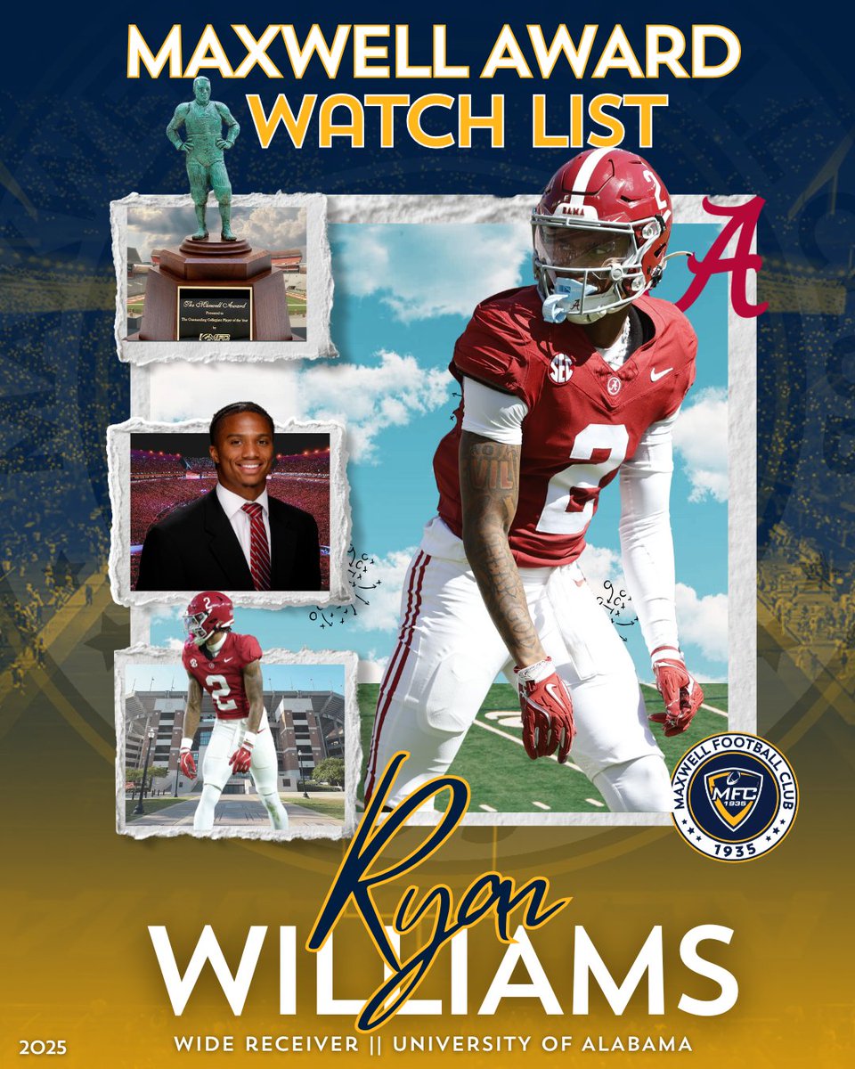 MaxwellFootball's tweet photo. 🏈@alabamaftbl ‘s @Ryanwms1 has been named to the #MaxwellAward Watch List! 🏆 #MaxwellFootball https://t.co/eLKhkbqqY6