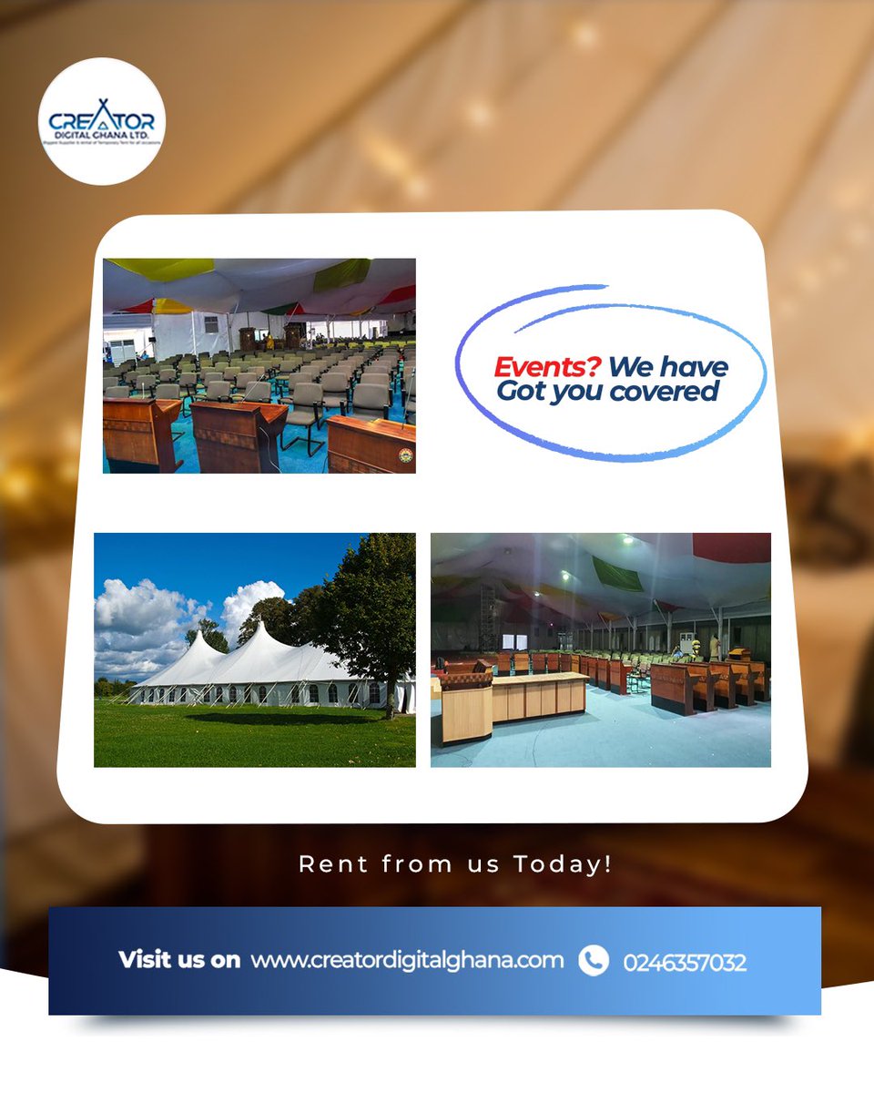 GhCreator's tweet photo. It’s a new week, and your big event just got easier. We handle the tents, the setup, and every detail in between—so you can focus on your guests, not the stress. Simple, smooth, and fully taken care of.
Call us on +233246357032 or visit
https://t.co/4dKi2oXCzf.
#EventMagic #Tents https://t.co/Gi4sWOqrXQ
