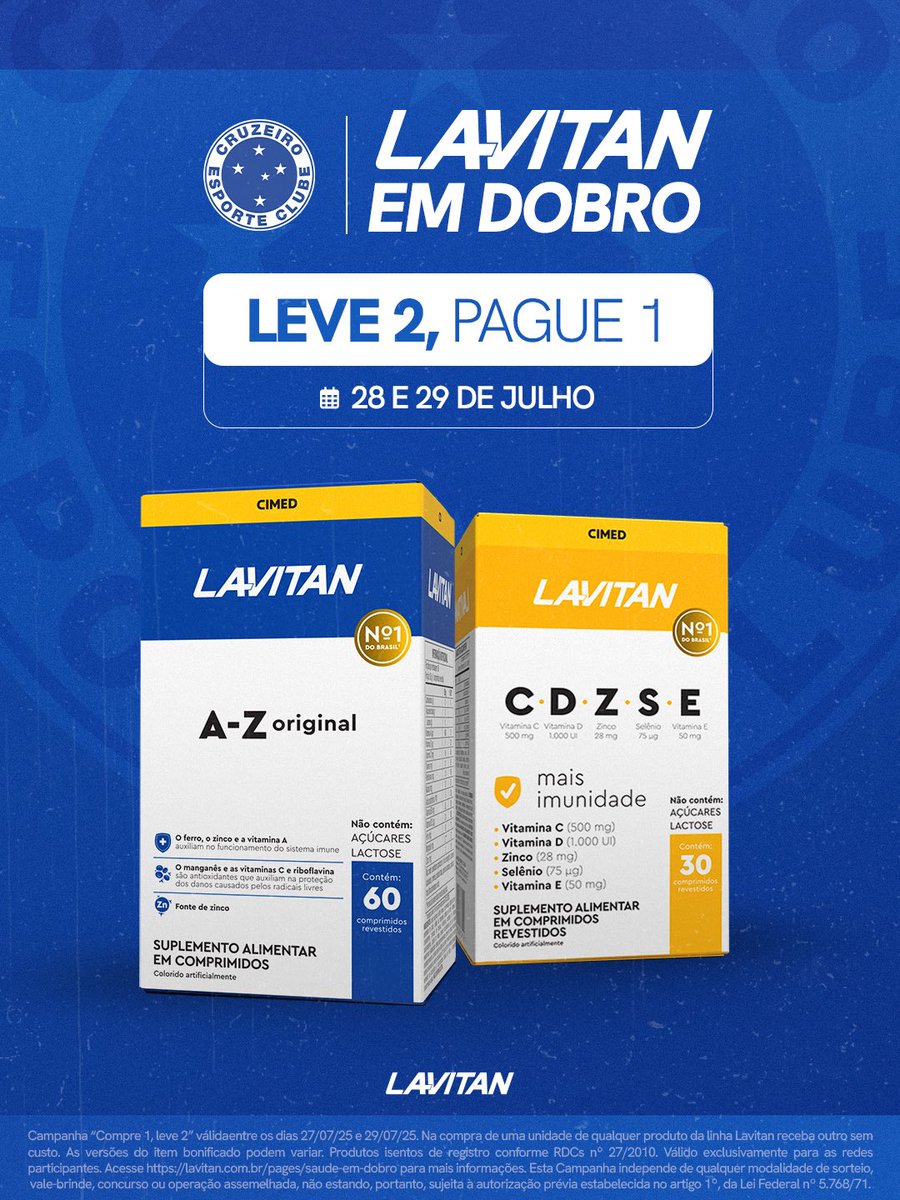 Saúde em Dobro com a Lavitan e Cruzeiro! Nos dias 28 e 29 de Julho, aproveite para cuidar da sua saúde com a linha nº 1 de vitaminas do Brasil e patrocinadora oficial do Cruzeiro.

Entre no site que está nos stories do perfil no Instagram e confira as farmácias participantes para
