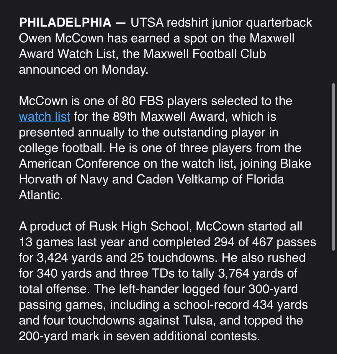 UTSA quarterback Owen McCown earns spot on Maxwell Award Watch List