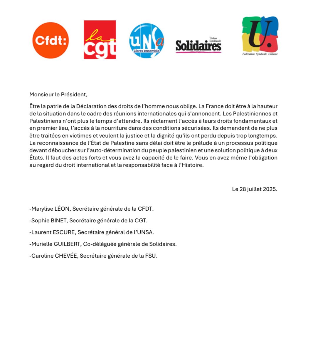 « La France doit être à la hauteur de la situation dans le cadre des réunions internationales qui s’annoncent. Les Palestiniennes et Palestiniens n’ont plus le temps d’attendre."

Retrouvez notre lettre ouverte à Emmanuel Macron avec la CFDT, UNSA, Solidaires et la FSU ⬇️