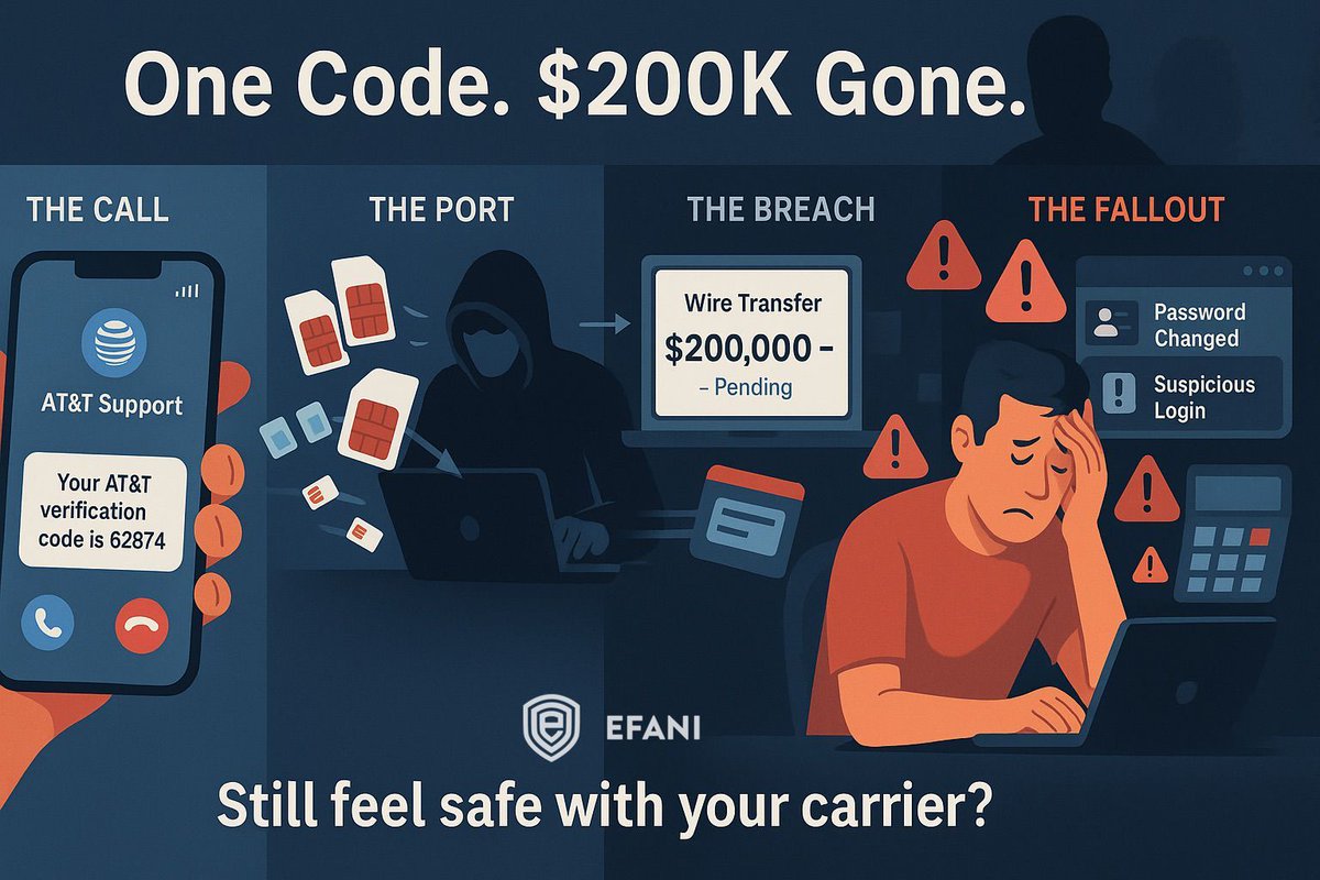haseeb's tweet image. 🚨 One fake AT&T call = $200K gone. Still feel safe with your carrier?
That’s all it took in a recent SIM swap case out of Palm Beach.
The victim got a call claiming to be from AT&T. They asked him to verify his number by reading back a code sent via text.
He did.
20 minutes…