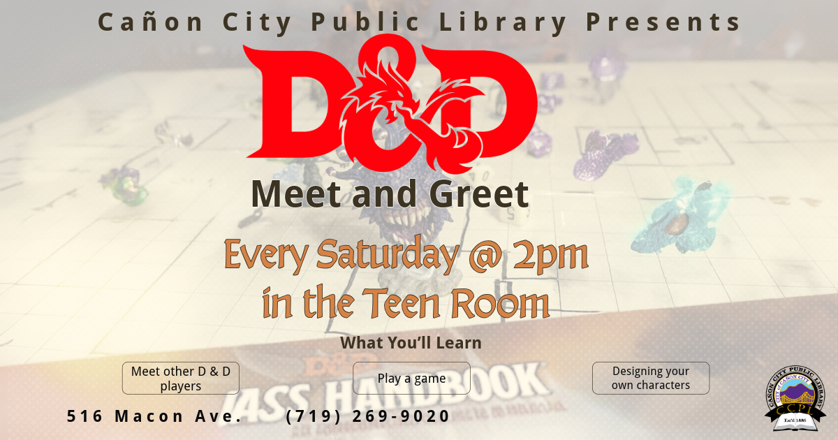 CanonLibrary's tweet image. Since our last D &amp;amp; D meet and greet was so much, let's do one every Saturday! Our next Dungeons &amp;amp; Dragons Meet &amp;amp; Greet will be August 2nd @ 2pm in the Teen Room!