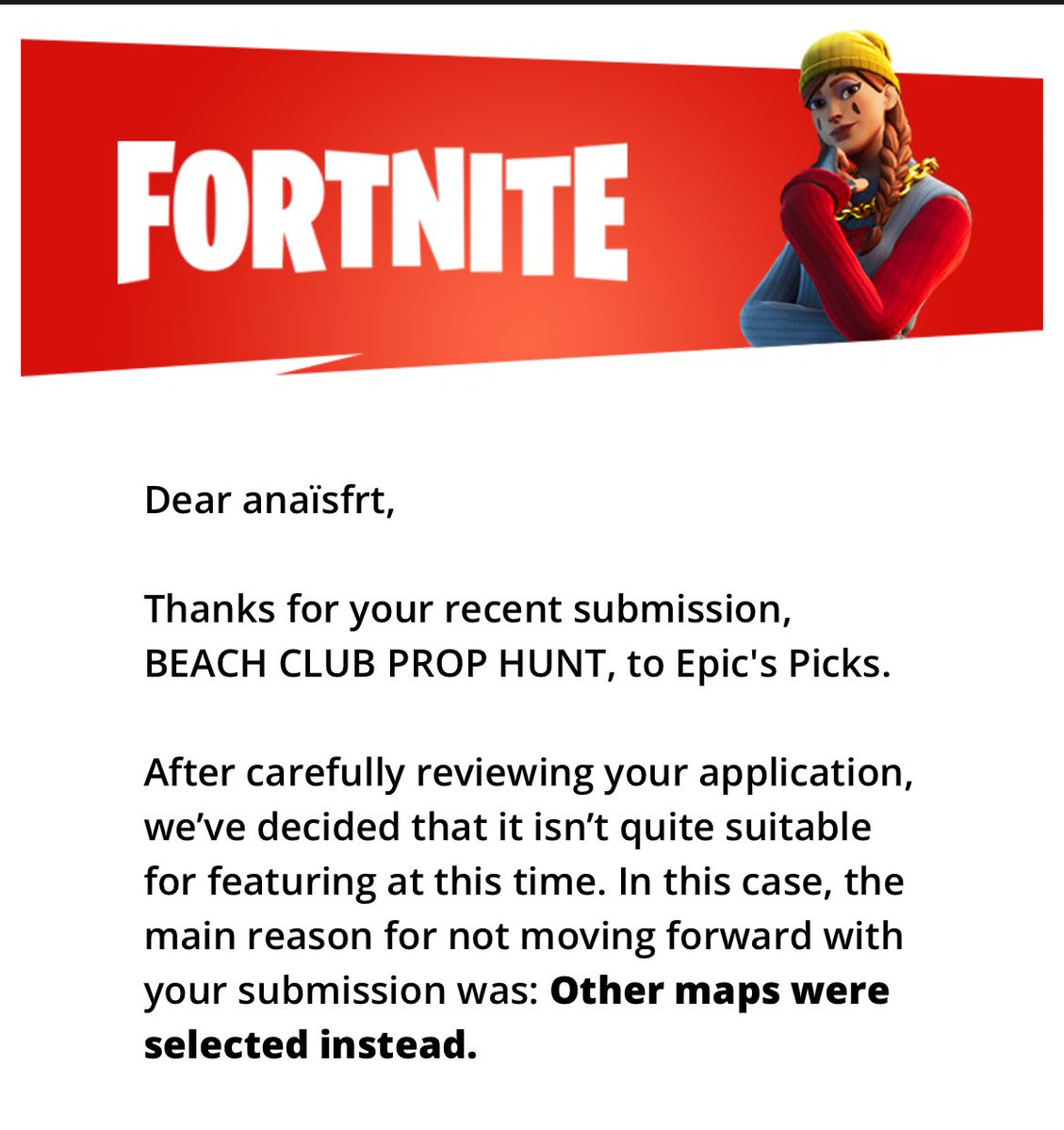 I would love to get answers, why is there a prop hunt currently in epic picks and mine doesn’t even get play tested even if it’s well thought, polished and a unique theme ? 

Just wanted to say that now because I’ve been talking to a lot of creators feeling the exact same way