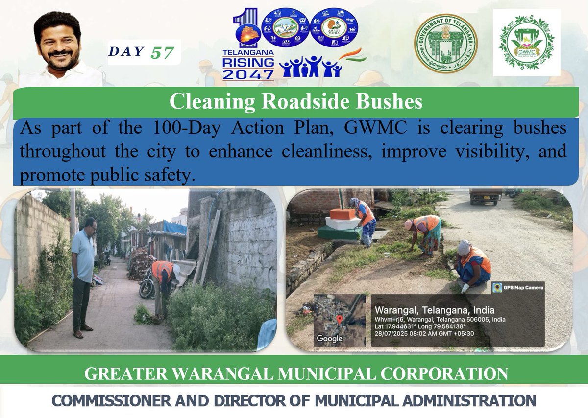 Greater Warangal Municipal Corporation (@mc_gwmc) on Twitter photo ⭐ Day-57 #100DaysActionPlan
GWMC is removing overgrown bushes🌿 throughout the city to maintain clean and tidy surroundings.
<a href="/TelanganaCMO/">Telangana CMO</a> <a href="/TelanganaCS/">Office of Chief Secretary, Telangana Govt.</a>
<a href="/Collector_HNK/">Collector Hanumakonda District</a> <a href="/Collector_WGL/">Collector Warangal</a>
<a href="/revanth_anumula/">Revanth Reddy</a> <a href="/INC_Ponguleti/">Ponguleti Srinivasa Reddy</a> <a href="/SudhaRani_Gundu/">Gundu SudhaRani, GWMC MAYOR</a> <a href="/iamkondasurekha/">Konda Surekha</a>
<a href="/PrlsecyMAUD/">Prl Secy MAUD.</a> <a href="/cdmatelangana/">C&DMA</a> ⭐ Day-57 #100DaysActionPlan
GWMC is removing overgrown bushes🌿 throughout the city to maintain clean and tidy surroundings.
<a href="/TelanganaCMO/">Telangana CMO</a> <a href="/TelanganaCS/">Office of Chief Secretary, Telangana Govt.</a>
<a href="/Collector_HNK/">Collector Hanumakonda District</a> <a href="/Collector_WGL/">Collector Warangal</a>
<a href="/revanth_anumula/">Revanth Reddy</a> <a href="/INC_Ponguleti/">Ponguleti Srinivasa Reddy</a> <a href="/SudhaRani_Gundu/">Gundu SudhaRani, GWMC MAYOR</a> <a href="/iamkondasurekha/">Konda Surekha</a>
<a href="/PrlsecyMAUD/">Prl Secy MAUD.</a> <a href="/cdmatelangana/">C&DMA</a>
