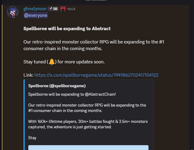 0xLiquidated0x's tweet image. 🚨🚨BULLISH NEWS for @spellbornegame 🚨🚨

‼️Spellborne will be expanding to Abstract‼️

MORE infos what @0xghosty shared:

🔺 @AbstractChain is an expansion NOT a change!
🔺 $BORNE goes live on @BlackholeDex 
🔺mint monsters on both chains (ingame) 
🔺later this week &amp;gt; signing…