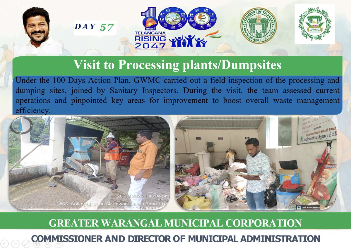 Greater Warangal Municipal Corporation (@mc_gwmc) on Twitter photo As part of the 100 Days Action Plan, Sanitary Inspectors inspected processing and dumping sites 🚮, assessing operations and identifying improvements to enhance waste management ✅.
<a href="/TelanganaCMO/">Telangana CMO</a> <a href="/TelanganaCS/">Office of Chief Secretary, Telangana Govt.</a>
<a href="/Collector_HNK/">Collector Hanumakonda District</a> <a href="/Collector_WGL/">Collector Warangal</a>
<a href="/revanth_anumula/">Revanth Reddy</a> <a href="/INC_Ponguleti/">Ponguleti Srinivasa Reddy</a> As part of the 100 Days Action Plan, Sanitary Inspectors inspected processing and dumping sites 🚮, assessing operations and identifying improvements to enhance waste management ✅.
<a href="/TelanganaCMO/">Telangana CMO</a> <a href="/TelanganaCS/">Office of Chief Secretary, Telangana Govt.</a>
<a href="/Collector_HNK/">Collector Hanumakonda District</a> <a href="/Collector_WGL/">Collector Warangal</a>
<a href="/revanth_anumula/">Revanth Reddy</a> <a href="/INC_Ponguleti/">Ponguleti Srinivasa Reddy</a>