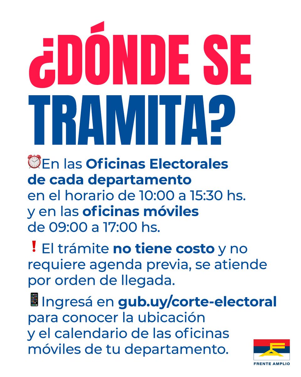 📢 ¡Sacá tu credencial!

Desde el 21 de julio está abierto el período para sacar la credencial por primera vez o hacer traslados.

🕒 Trámite gratuito, sin agenda previa y por orden de llegada.

📍Podés hacerlo en las oficinas electorales de tu departamento (de 10 a 15:30 hs) o
