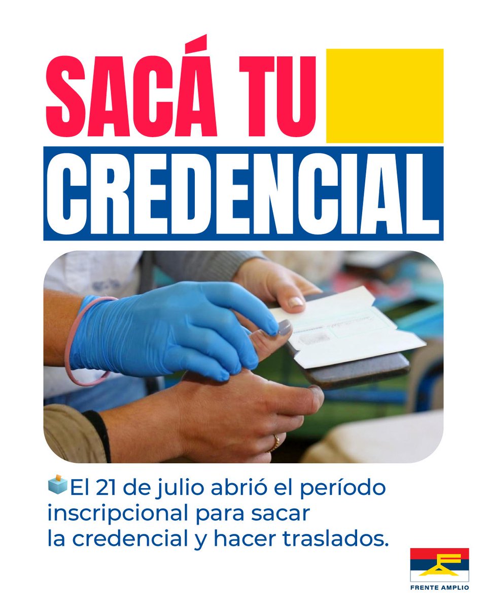 Frente_Amplio's tweet photo. 📢 ¡Sacá tu credencial!

Desde el 21 de julio está abierto el período para sacar la credencial por primera vez o hacer traslados.

🕒 Trámite gratuito, sin agenda previa y por orden de llegada.

📍Podés hacerlo en las oficinas electorales de tu departamento (de 10 a 15:30 hs) o en las oficinas móviles (de 9 a 17 hs).

📲 Consultá el calendario y la ubicación en https://t.co/LdTK2J1GXH

✊ ¡Participar empieza por tener tu credencial!