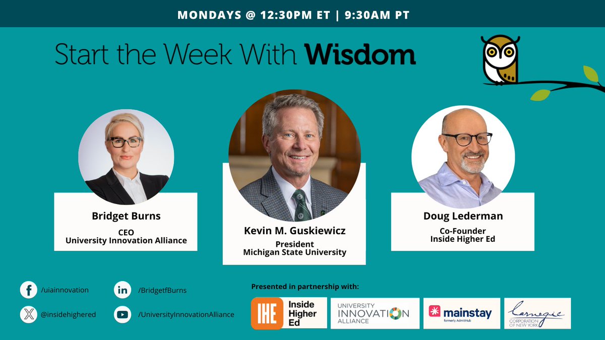 University Innovation Alliance (UIA) (@uiainnovation) on Twitter photo 🔥 STARTING IN 15 MINUTES 🔥
<a href="/KevinGuskiewicz/">Kevin Guskiewicz</a> of <a href="/michiganstateu/">MSU</a> joins #WeeklyWisdom to talk curiosity, trust, and what it means to lead through complexity.
⏰ 9:30amPT | 12:30pmET
With <a href="/insidehighered/">Inside Higher Ed</a> <a href="/hey_mainstay/">Mainstay</a> <a href="/CarnegieCorp/">Carnegie Corporation of New York</a> @bburnsedu & <a href="/dougledIHE/">Doug Lederman</a>
#InnovatingTogether 🔥 STARTING IN 15 MINUTES 🔥
<a href="/KevinGuskiewicz/">Kevin Guskiewicz</a> of <a href="/michiganstateu/">MSU</a> joins #WeeklyWisdom to talk curiosity, trust, and what it means to lead through complexity.
⏰ 9:30amPT | 12:30pmET
With <a href="/insidehighered/">Inside Higher Ed</a> <a href="/hey_mainstay/">Mainstay</a> <a href="/CarnegieCorp/">Carnegie Corporation of New York</a> @bburnsedu & <a href="/dougledIHE/">Doug Lederman</a>
#InnovatingTogether
