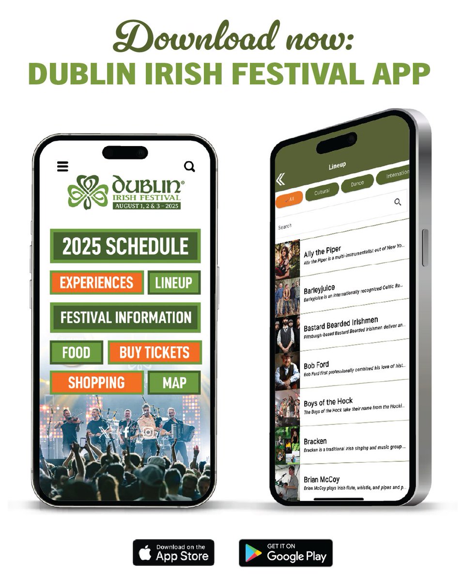 Your pocket-sized Festival guide! 📲

The Dublin Irish Festival app is your one-stop shop for everything happening at the Festival — from live music schedules and vendor lists to interactive maps and more.

Download now ➡️ bit.ly/3KkDgb8