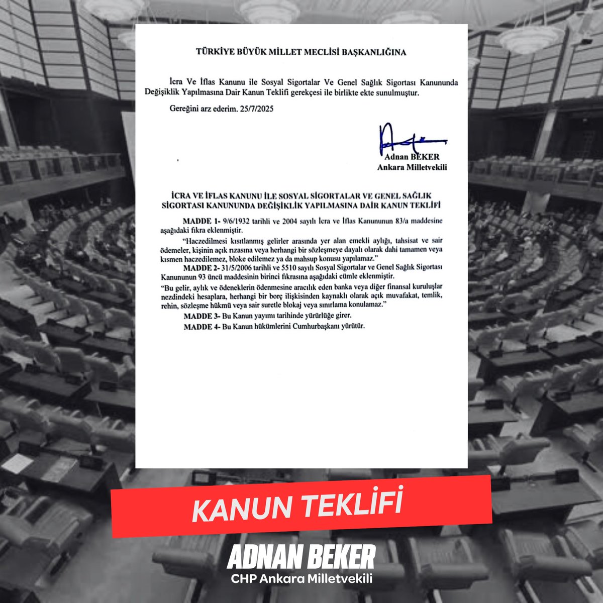 📍Emekli Maaşlarına Bloke Konulmasını Engelleyen Kanun Teklifimiz ⚖️

Yargıtay, bankaların kredi sözleşmelerine dayanarak emekli maaşlarına bloke konulabileceğine dair bir karar verdi.

Bu karar, ne hukuka ne vicdana ne de sosyal devlet ilkesine sığar.

Emekli maaşı; kişinin