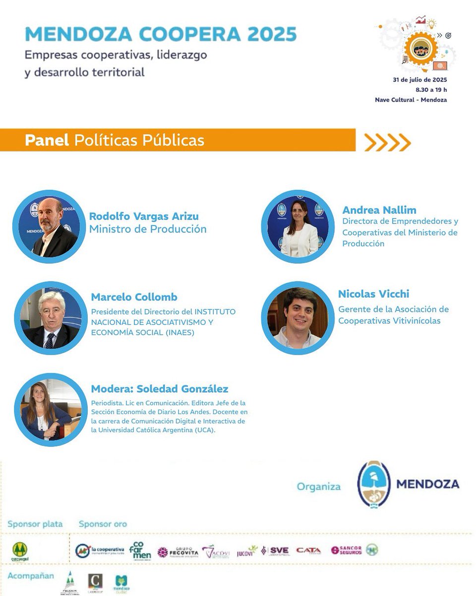 Panel Políticas públicas

El Ministerio de Producción de Mendoza, a través de la Dirección de Emprendedores y Cooperativas, presenta este panel en el marco de Mendoza Coopera 2025, con el objetivo de reflexionar sobre las políticas públicas que fortalecen el sector cooperativo