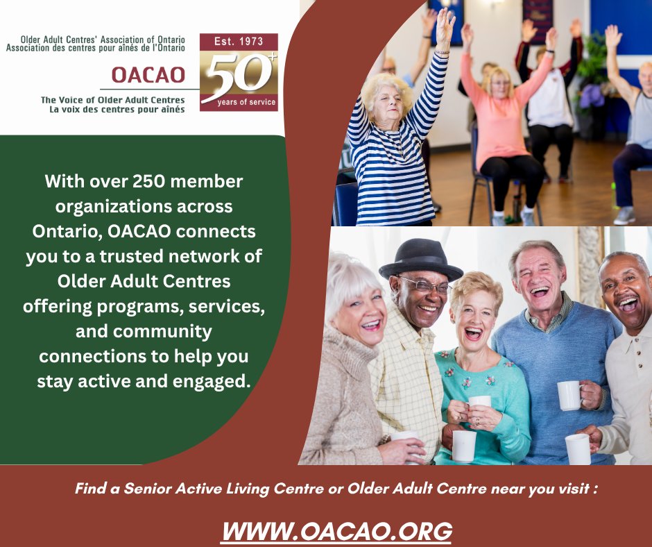 ✨ Stay connected, stay sharp! 
Being part of an Older Adult Centre can help reduce your risk of dementia.
OACAO connects you to 250+ centres across Ontario to keep you active and engaged

➡️ Learn more: canada.ca/.../risk-facto…
#HealthyAging #BrainHealth #StayConnected #OACAO