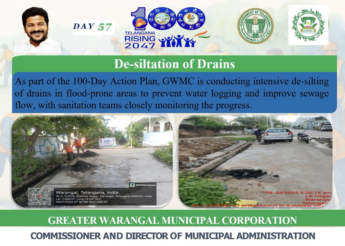 Greater Warangal Municipal Corporation (@mc_gwmc) on Twitter photo Under #100DaysActionPlan, GWMC is addressing drain blocks in flood-prone zones to prevent water buildup 🌧️👷.
<a href="/TelanganaCMO/">Telangana CMO</a> <a href="/TelanganaCS/">Office of Chief Secretary, Telangana Govt.</a>
<a href="/Collector_HNK/">Collector Hanumakonda District</a> <a href="/Collector_WGL/">Collector Warangal</a>
<a href="/revanth_anumula/">Revanth Reddy</a> <a href="/INC_Ponguleti/">Ponguleti Srinivasa Reddy</a> <a href="/SudhaRani_Gundu/">Gundu SudhaRani, GWMC MAYOR</a> <a href="/iamkondasurekha/">Konda Surekha</a>
<a href="/PrlsecyMAUD/">Prl Secy MAUD.</a> <a href="/cdmatelangana/">C&DMA</a>
<a href="/chahat_bajpai/">Chahat Bajpai</a> Under #100DaysActionPlan, GWMC is addressing drain blocks in flood-prone zones to prevent water buildup 🌧️👷.
<a href="/TelanganaCMO/">Telangana CMO</a> <a href="/TelanganaCS/">Office of Chief Secretary, Telangana Govt.</a>
<a href="/Collector_HNK/">Collector Hanumakonda District</a> <a href="/Collector_WGL/">Collector Warangal</a>
<a href="/revanth_anumula/">Revanth Reddy</a> <a href="/INC_Ponguleti/">Ponguleti Srinivasa Reddy</a> <a href="/SudhaRani_Gundu/">Gundu SudhaRani, GWMC MAYOR</a> <a href="/iamkondasurekha/">Konda Surekha</a>
<a href="/PrlsecyMAUD/">Prl Secy MAUD.</a> <a href="/cdmatelangana/">C&DMA</a>
<a href="/chahat_bajpai/">Chahat Bajpai</a>