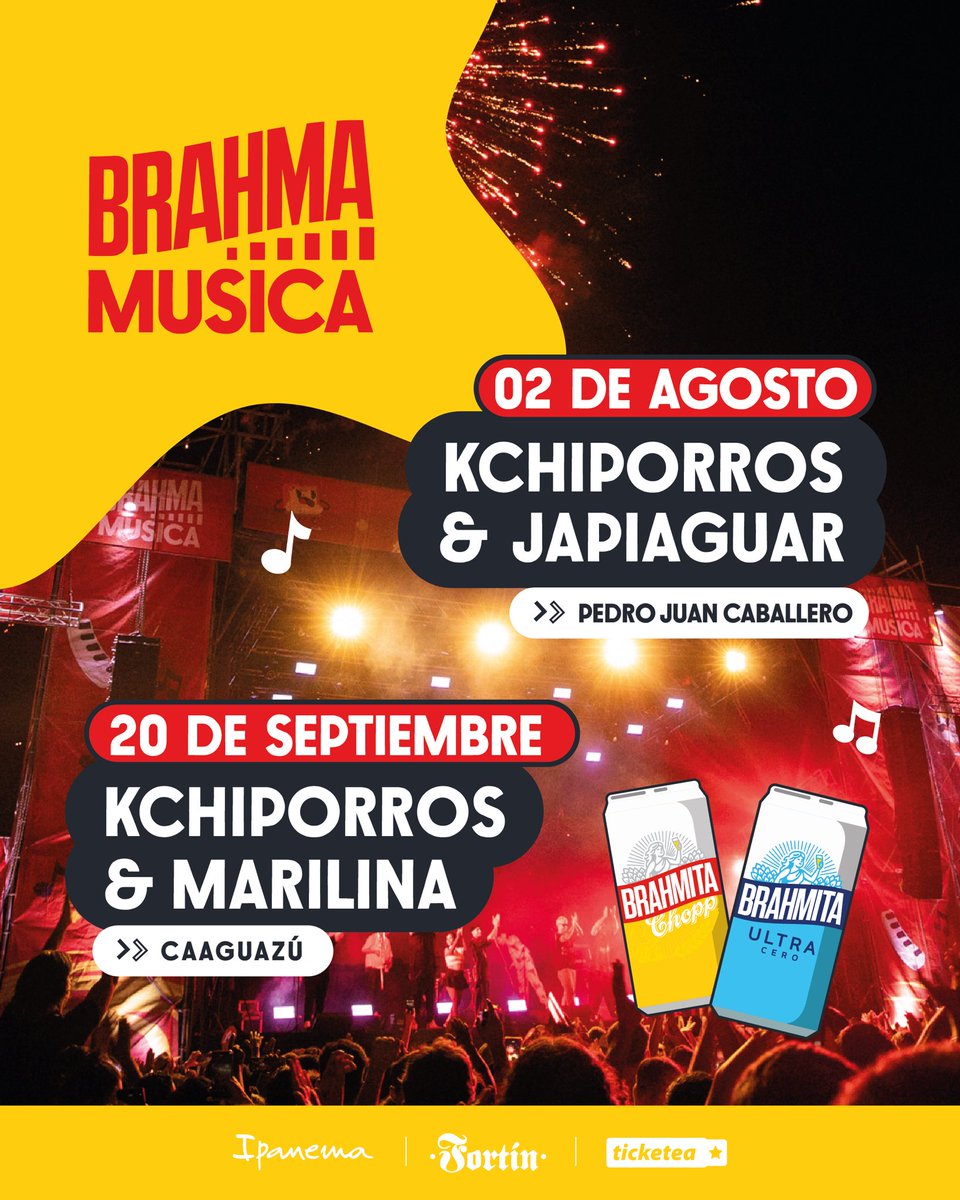 ¡Nos vamos de giraaa! 🤩🎶 Anoten estas fechas para vivir la mejor noche de todaaaas en #BrahmaMusica 😎

📍PJC: Predio Expo Amambay 
📍CAAGUAZÚ: Polideportivo Municipal