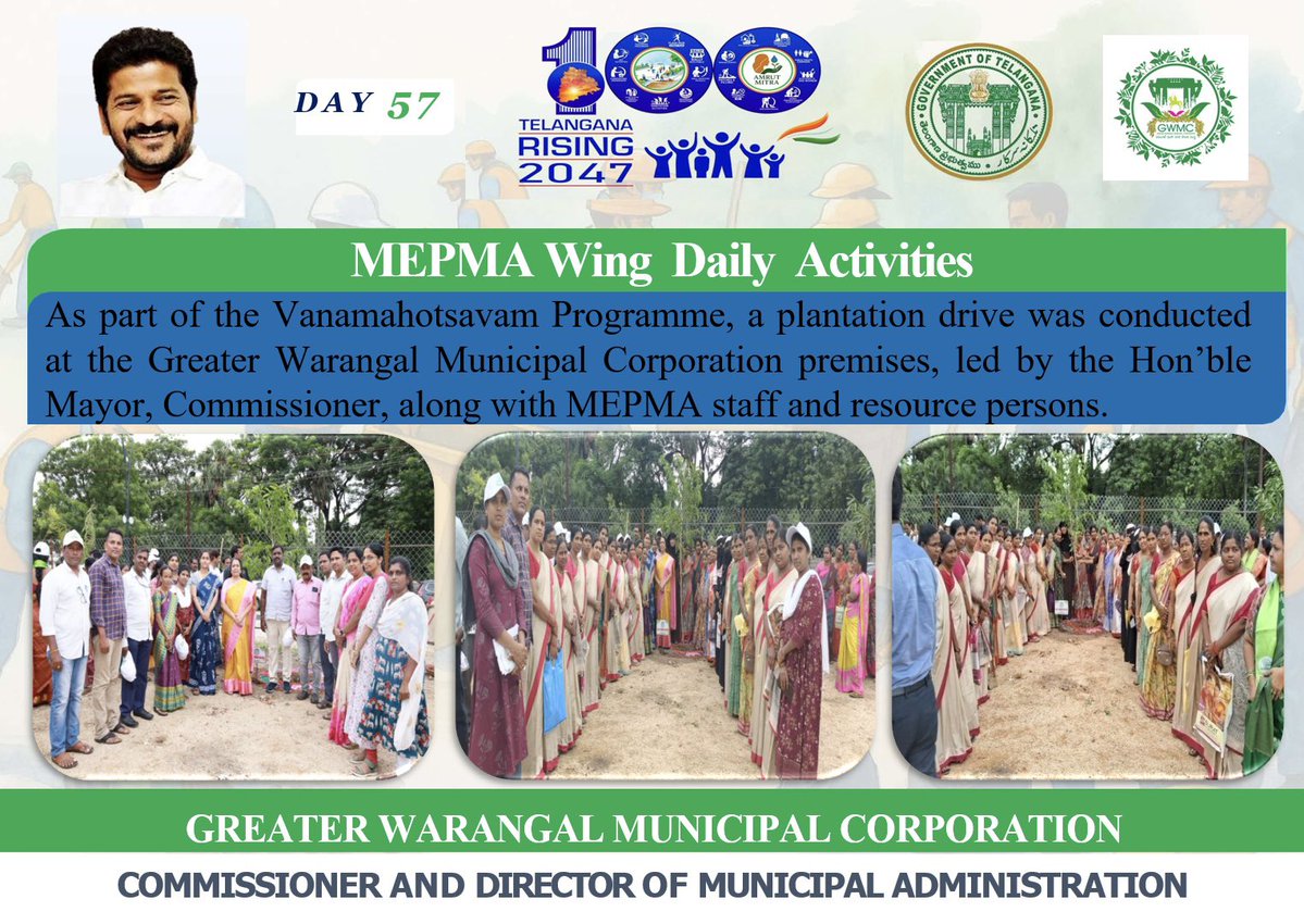 Greater Warangal Municipal Corporation (@mc_gwmc) on Twitter photo Green push at GWMC 🌱— Senior officials joined hands for a vibrant plantation drive under Vanmahotsavam 🌳
<a href="/TelanganaCMO/">Telangana CMO</a> <a href="/TelanganaCS/">Office of Chief Secretary, Telangana Govt.</a>
<a href="/Collector_HNK/">Collector Hanumakonda District</a> <a href="/Collector_WGL/">Collector Warangal</a>
<a href="/revanth_anumula/">Revanth Reddy</a> <a href="/INC_Ponguleti/">Ponguleti Srinivasa Reddy</a> <a href="/SudhaRani_Gundu/">Gundu SudhaRani, GWMC MAYOR</a> <a href="/iamkondasurekha/">Konda Surekha</a>
<a href="/PrlsecyMAUD/">Prl Secy MAUD.</a> <a href="/cdmatelangana/">C&DMA</a>
<a href="/chahat_bajpai/">Chahat Bajpai</a> Green push at GWMC 🌱— Senior officials joined hands for a vibrant plantation drive under Vanmahotsavam 🌳
<a href="/TelanganaCMO/">Telangana CMO</a> <a href="/TelanganaCS/">Office of Chief Secretary, Telangana Govt.</a>
<a href="/Collector_HNK/">Collector Hanumakonda District</a> <a href="/Collector_WGL/">Collector Warangal</a>
<a href="/revanth_anumula/">Revanth Reddy</a> <a href="/INC_Ponguleti/">Ponguleti Srinivasa Reddy</a> <a href="/SudhaRani_Gundu/">Gundu SudhaRani, GWMC MAYOR</a> <a href="/iamkondasurekha/">Konda Surekha</a>
<a href="/PrlsecyMAUD/">Prl Secy MAUD.</a> <a href="/cdmatelangana/">C&DMA</a>
<a href="/chahat_bajpai/">Chahat Bajpai</a>