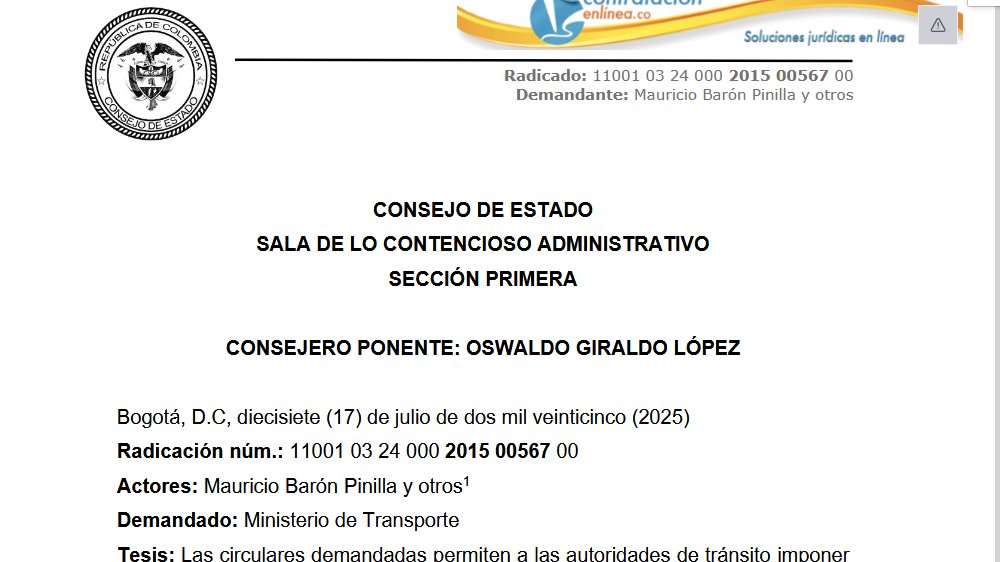 📄Consejo de Estado DECLARA NULIDAD PARCIAL de Circulares que permiten a las autoridades de tránsito imponer la infracción prevista por falta de la revisión técnico-mecánica a cualquier vehículo que se encuentre o no en circulación drive.google.com/file/d/1byICN6…