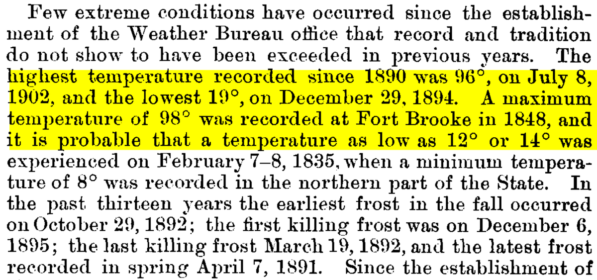 While I do see the 100 degrees written down in 1848, I have questions: 1) Why does the Monthly Weather Review in 1903 from the United States Weather Bureau say the hottest in Fort Brooke was 98? Did they not think it was credible? 2) At what height was the 100 taken above the