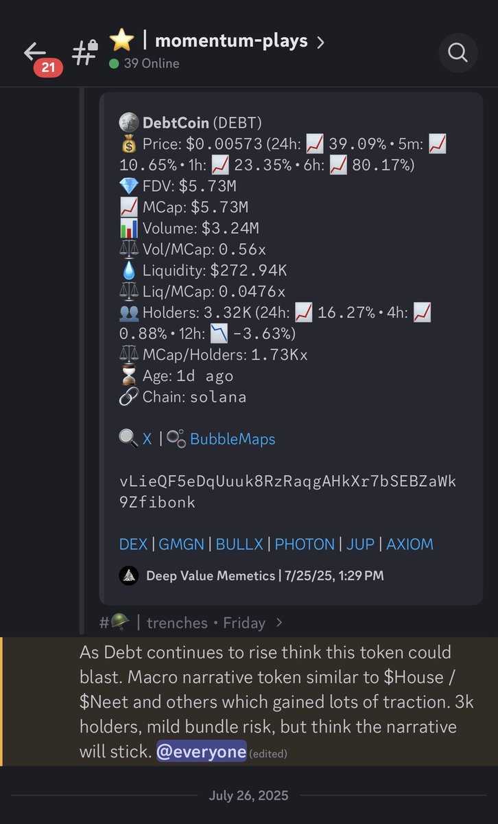 DV_Memetics's tweet image. $DEBT: A Meme with a Mission; Burn to Donate Model
- Discovered at $250K by our launch bot → flagged at $3.2M by our trending bot → momentum call issued to our community at $5.7M, since then, $DEBT has 3.7x to $21M ATH.
- $Debt is a memecoin that turns trading activity into…
