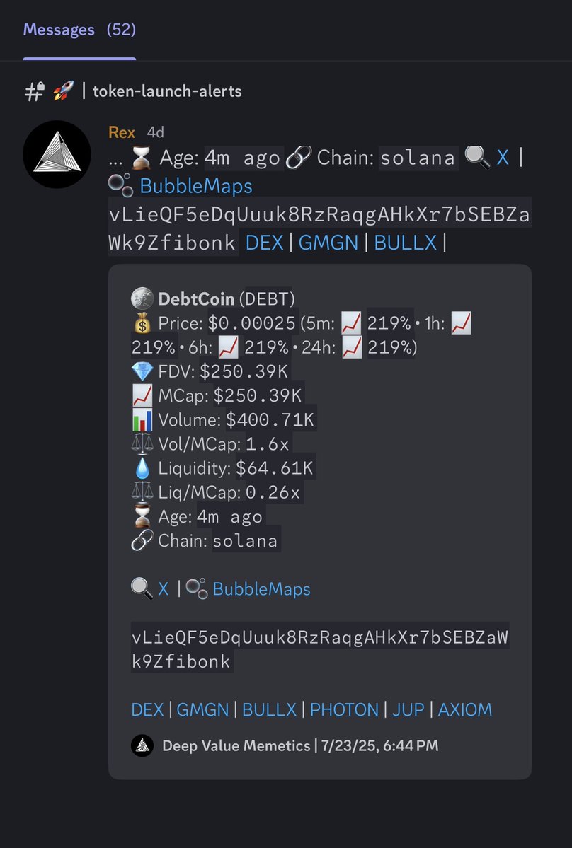 DV_Memetics's tweet image. $DEBT: A Meme with a Mission; Burn to Donate Model
- Discovered at $250K by our launch bot → flagged at $3.2M by our trending bot → momentum call issued to our community at $5.7M, since then, $DEBT has 3.7x to $21M ATH.
- $Debt is a memecoin that turns trading activity into…