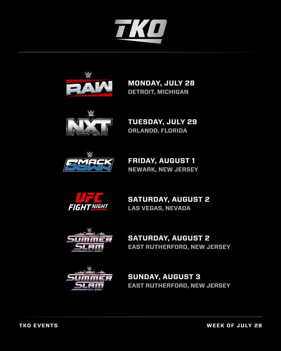 TKOGrp's tweet image. It’s #SummerSlam week! Two nights of action and a packed lineup of events leading up to it 💥 @ufc @WWE