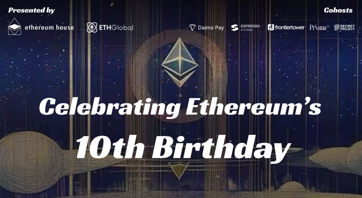 Ethereum House (@ethereumhousesf) on Twitter photo Ethereum turns 10🎉 and we're hosting an epic birthday celebration in SF alongside robots, AI, arts, music & more.
This Wednesday at 4pm
Come join us with <a href="/tkstanczak/">Tomasz K. Stańczak</a> from <a href="/ethereumfndn/">Ethereum Foundation</a>, <a href="/ETHGlobal/">ETHGlobal</a>, <a href="/daimopay/">Daimo Pay</a> , <a href="/EspressoSys/">Espresso ☕️</a>, and <a href="/PrismaXai/">PrismaX</a> at the <a href="/frontiertower/">Frontier Tower</a>. Ethereum turns 10🎉 and we're hosting an epic birthday celebration in SF alongside robots, AI, arts, music & more.
This Wednesday at 4pm
Come join us with <a href="/tkstanczak/">Tomasz K. Stańczak</a> from <a href="/ethereumfndn/">Ethereum Foundation</a>, <a href="/ETHGlobal/">ETHGlobal</a>, <a href="/daimopay/">Daimo Pay</a> , <a href="/EspressoSys/">Espresso ☕️</a>, and <a href="/PrismaXai/">PrismaX</a> at the <a href="/frontiertower/">Frontier Tower</a>.