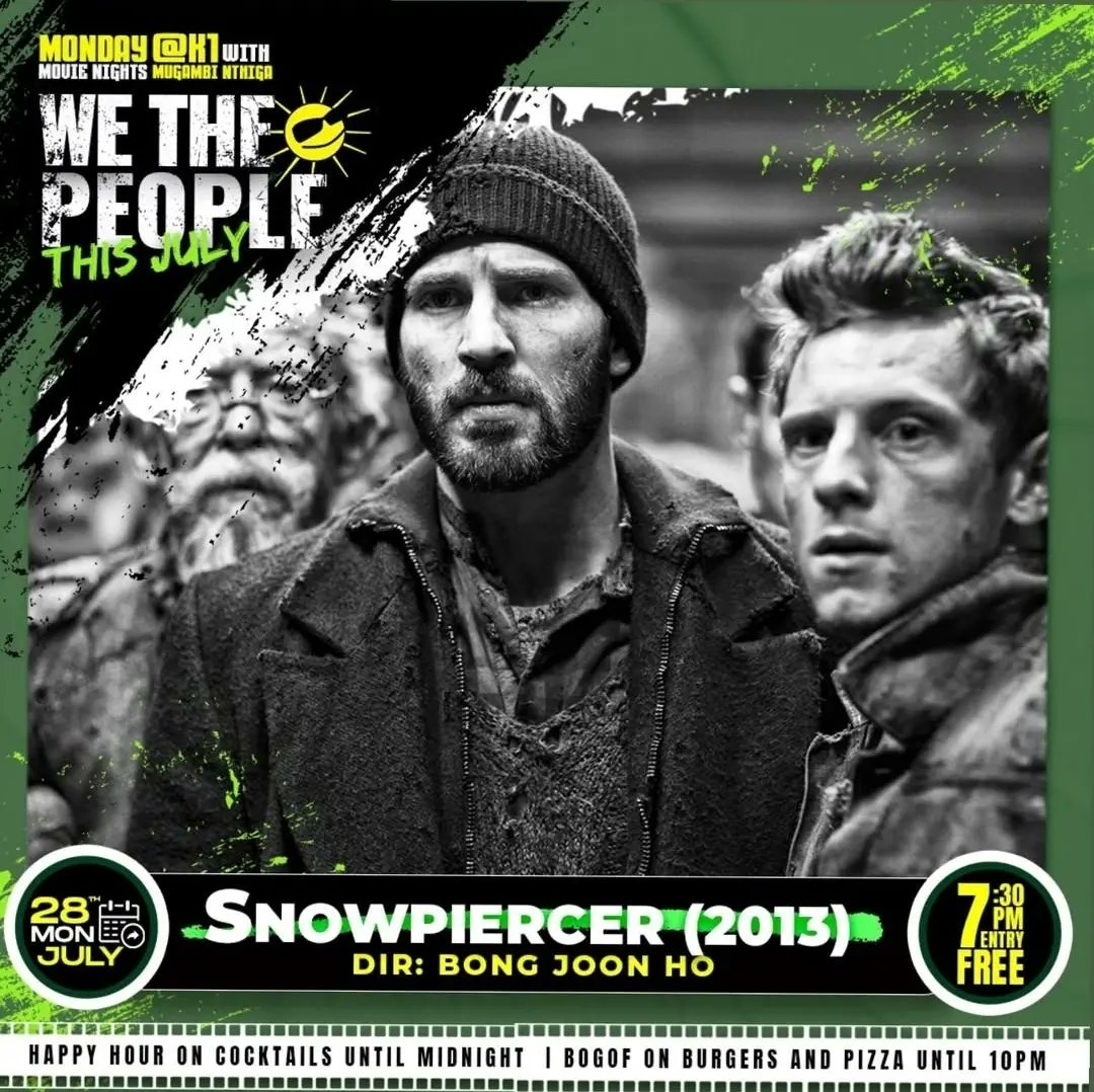 #Nairobi: #Screening: Monday Movie Night at K1: July - We The People: Snowpiercer (2013) - Dir. by Bong Joon Ho, Jul. 28 2025 @ K1 Klub House – #Parklands.

Date: July 28, 2025 
Venue: K1 Klub House 
Time: 7.30 PM
Entry: Free