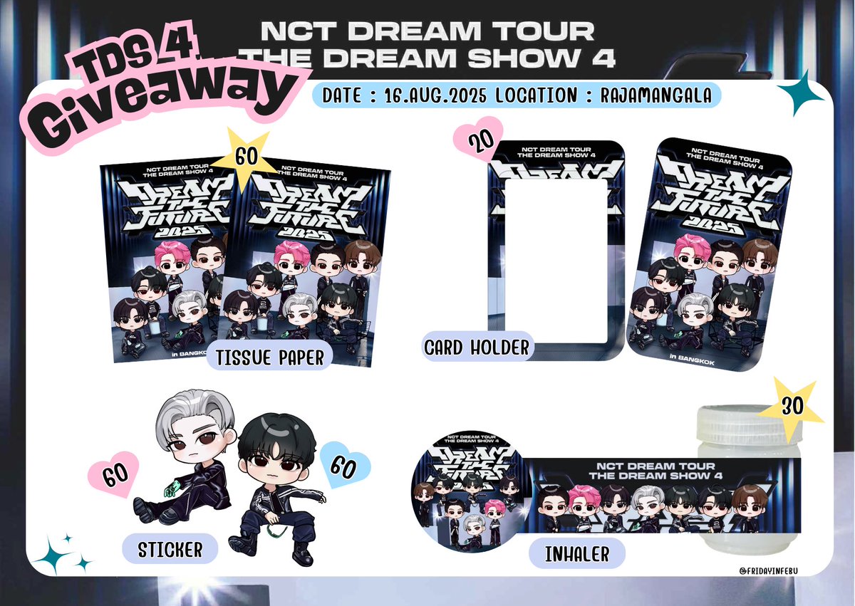 Pls Kindly Rt.,
⊹Giveaway TDS4 in bkk ⊹

꙳CARD HOLDER꙳
°TISSUE PAPER°
◞INHALER◞
✧STICKER✧

💚Date: 16 Aug 2025
📍Rajamangala stadium 

 ꔛrt &amp; show this tweetꔛ
✨exchange in dm

#NCTDREAM
#THEDREAMSHOW4_in_BKK
#NCTDREAM_THEDREAMSHOW4inBKK
#NCTDREAM_THEDREAMSHOW4_in_BKK