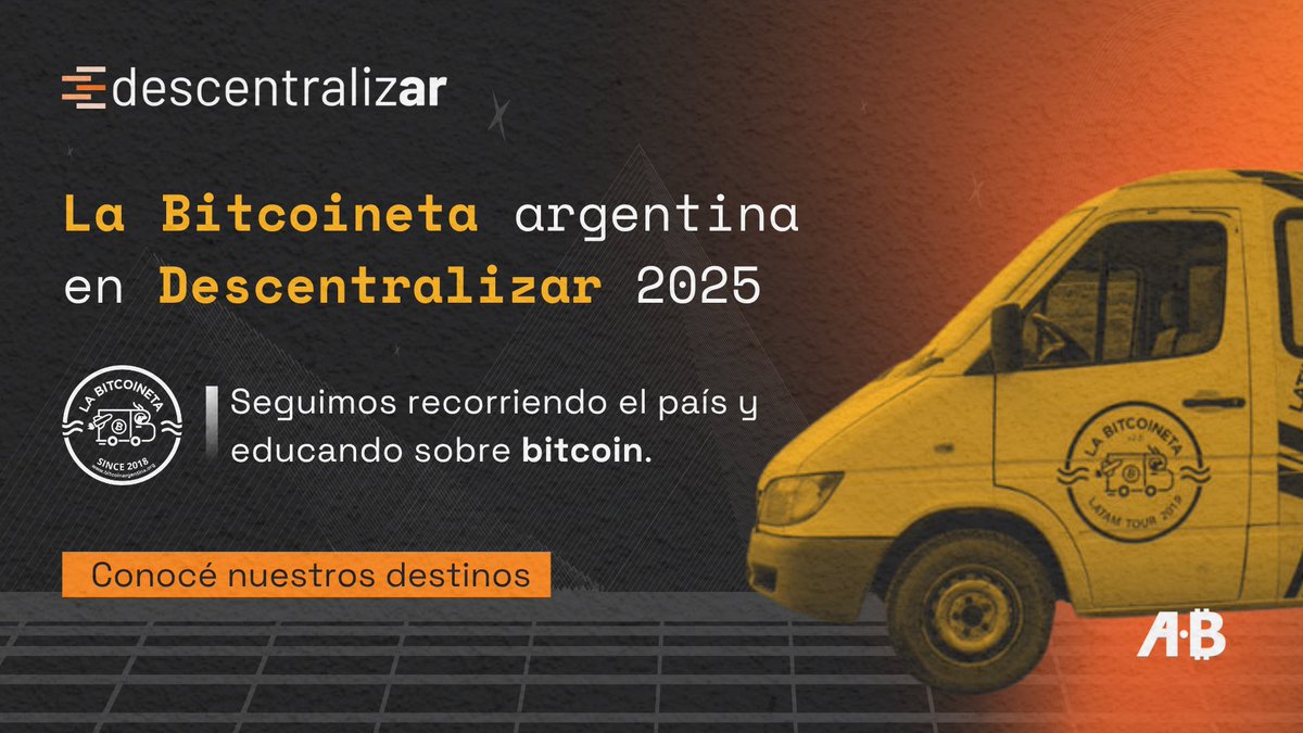 ONG Bitcoin Argentina (@bitcoinar) on Twitter photo 🚐 ¡<a href="/labitcoineta/">La Bitcoineta</a> Arg se suma a #DescentralizAR!
Este año visita 3 provincias (¡y quizás alguna más 👀).
Seguinos en el recorrido, sumate a las actividades y acompañanos en esta travesía por el país llevando Bitcoin a cada rincón.
✨ ¡Nos vemos en el camino! 🚐 ¡<a href="/labitcoineta/">La Bitcoineta</a> Arg se suma a #DescentralizAR!
Este año visita 3 provincias (¡y quizás alguna más 👀).
Seguinos en el recorrido, sumate a las actividades y acompañanos en esta travesía por el país llevando Bitcoin a cada rincón.
✨ ¡Nos vemos en el camino!