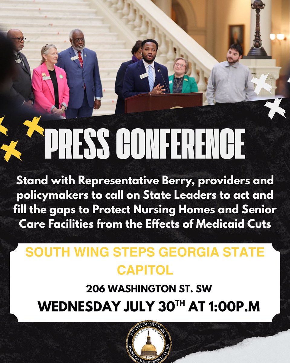 BerryforGA's tweet image. Georgia could lose up to 37 nursing homes because of federal medicaid cuts. This is unacceptable. Join me and @GAHouseDems this Wednesday, on the 60th anniversary of the passage of medicaid, to call on our state leaders to step up and fill the gaps. Let’s #ProtectOurCare. #gapol