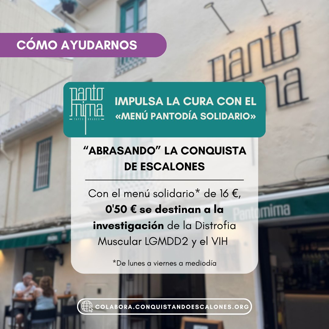 ¿Sabías que puedes ayudarnos a impulsar la cura mientras disfrutas comiendo?

De cada consumición del «Menú Pantodía Solidario» de Pantomima, 0,50 € se destinan a nuestra investigación de la Distrofia Muscular LGMDD2 y el VIH. 💪🏼

➫  colabora.conquistandoescalones.org