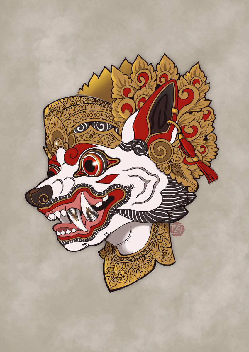 TaylaTaur's tweet image. Gift art for @furry7mikoto drawing his sona in Balinese’s mask art style. Maybe i should do more of these art style. Or draw my oc in traditional clothing. That be neat!
