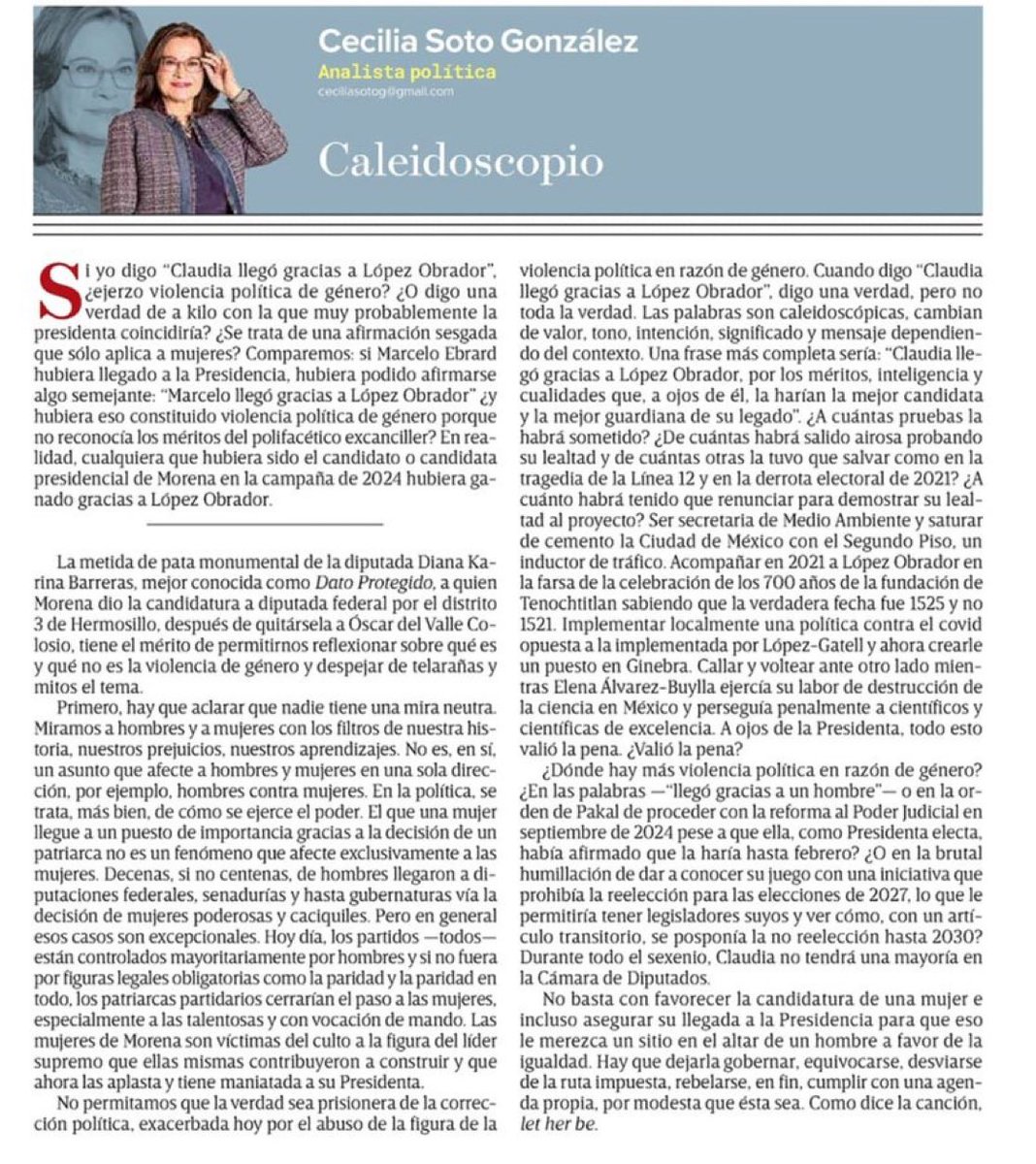 Lean a <a href="/ceciliasotog/">Cecilia Soto 🇺🇦</a>, da en el blanco 🎯.

Caleidoscopio

“Si yo digo ‘Claudio llegó gracias a López Obrador’, ¿ejerzo violencia política de género? ¿O digo una verdad de a kilo con la que muy probablemente la presidenta coincidiría?”