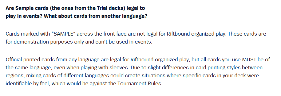 Importante esto sobre Riftbound. 

No dejarán mezclar cartas de diferentes idiomas en un mismo deck para Organized Play.
