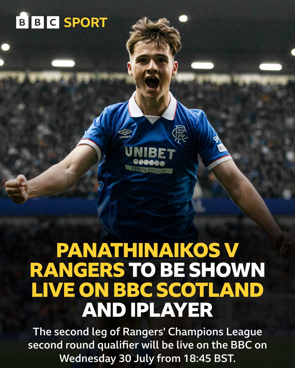 Rangers' crucial second leg against Panathinaikos to be shown live on <a href="/BBCScotland/">BBC Scotland</a> and <a href="/BBCiPlayer/">BBC iPlayer</a> 🙌

#BBCFootball