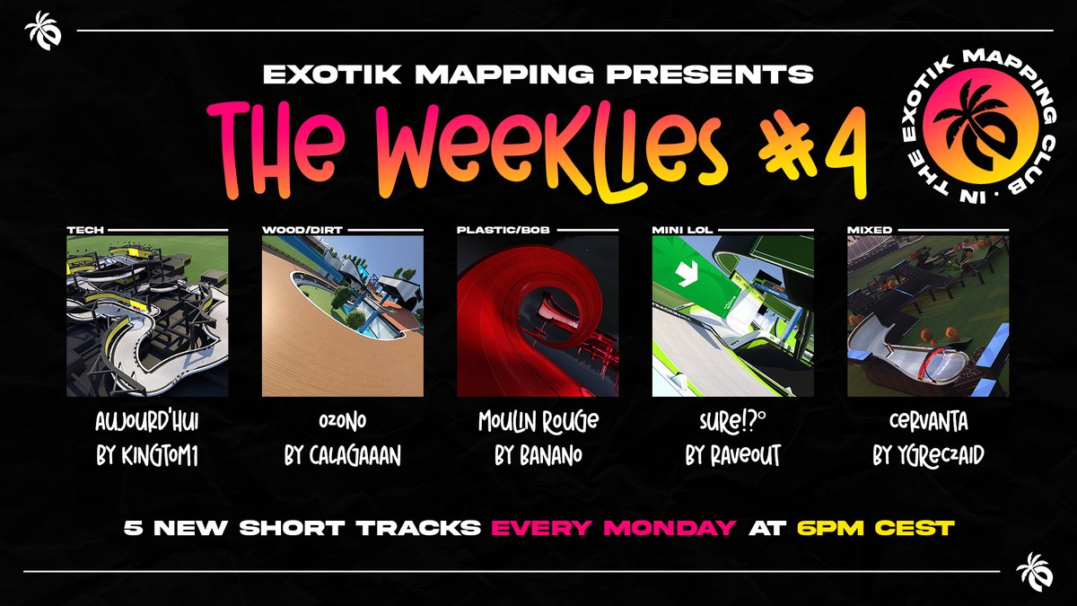 Exotik Mapping (@exotikmapping) on Twitter photo The Weeklies #4 just dropped!
5 short tracks from Exotik Mapping: tech, dirt, plastic, bob, lol, mixed… we’ve got it all this week👀
Live now in our club in <a href="/Trackmania/">Trackmania</a> !
(Next week we might have something for somebody 😉) The Weeklies #4 just dropped!
5 short tracks from Exotik Mapping: tech, dirt, plastic, bob, lol, mixed… we’ve got it all this week👀
Live now in our club in <a href="/Trackmania/">Trackmania</a> !
(Next week we might have something for somebody 😉)