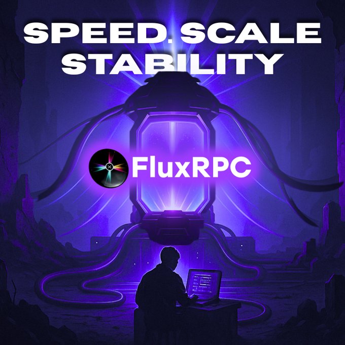 FluxRPCが速度、スケール、安定性を示す未来的なイメージ。RPC構造の下でラップトップを操作する開発者