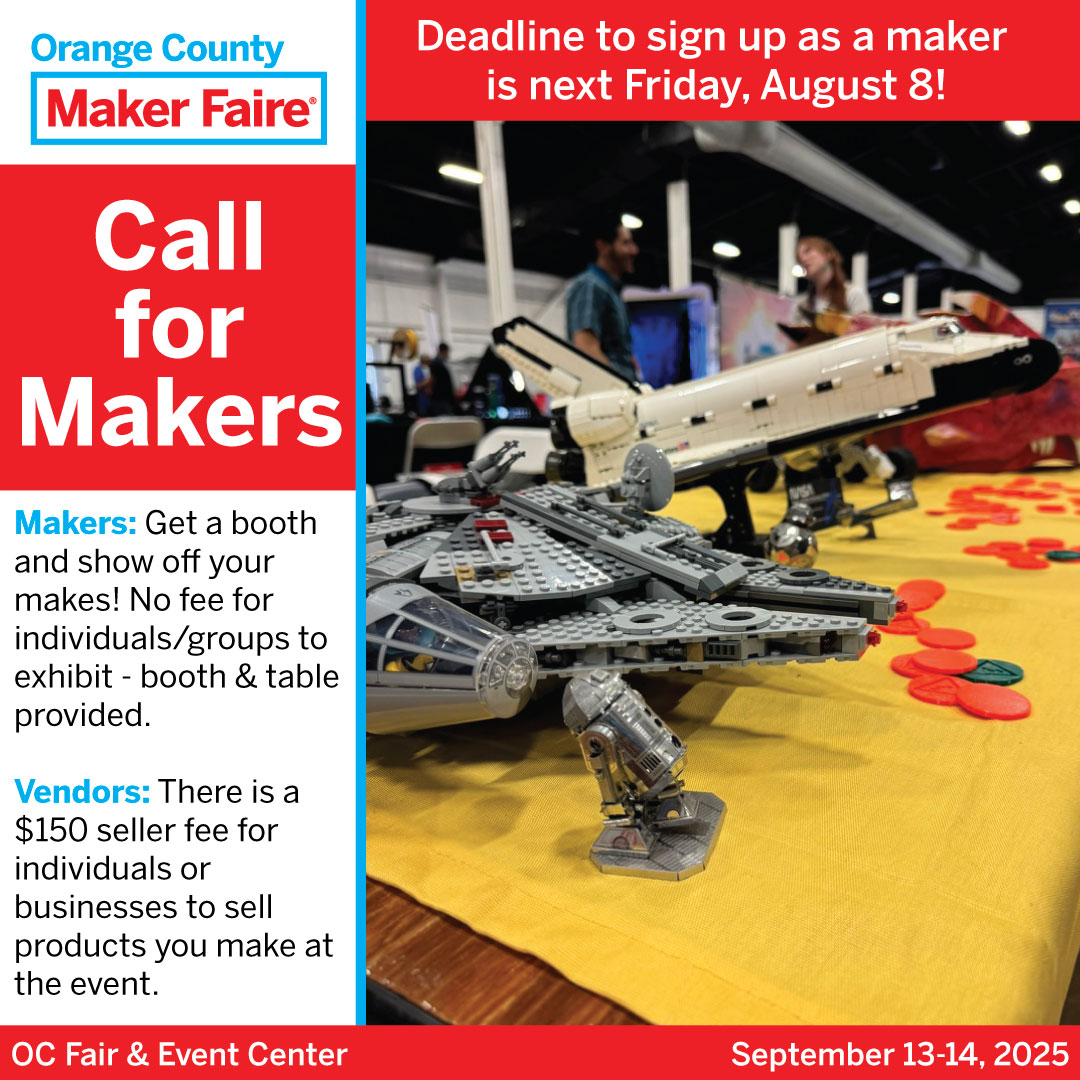 The deadline to apply for Maker Faire OC 2025 is coming up fast—next Friday, August 8!

Don’t miss your chance to be part of Orange County’s biggest celebration of creativity, tech, and hands-on making.

Claim your spot now: oc.makerfaire.com/call-for-maker…

#MakerFaireOC #CallForMakers