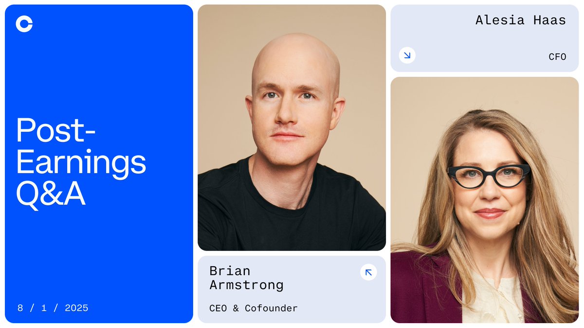 Coinbase 🛡️ (@coinbase) on Twitter photo We'll be hosting a Q&A following our Q2 financial results this week.
Live on 𝕏, on August 1 at 10AM PT.
Got questions for <a href="/brian_armstrong/">Brian Armstrong</a> and Alesia Haas? Comment below. We'll be hosting a Q&A following our Q2 financial results this week.
Live on 𝕏, on August 1 at 10AM PT.
Got questions for <a href="/brian_armstrong/">Brian Armstrong</a> and Alesia Haas? Comment below.