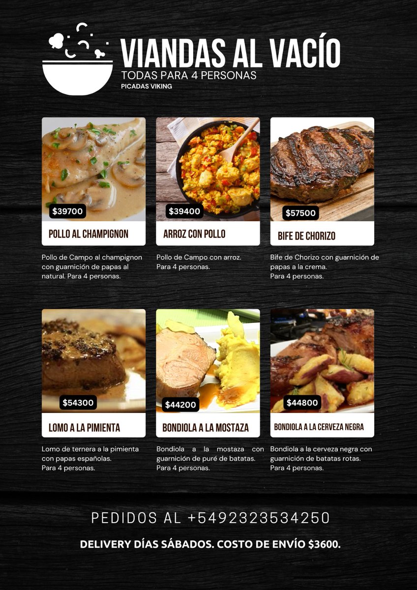 🍽¡Viandas al vacío para 4 personas! Disfrutá de delicias como Vacío al horno, Merluza al horno, Lasagna casera y más. 👨‍🍳

 🚛Delivery sábados en todo AMBA. 

Pedí ya al +5492323534250 o al DM.

 ¡Sabor y comodidad en tu mesa! #Viandas #ComidaParaLlevar #PicadasViking