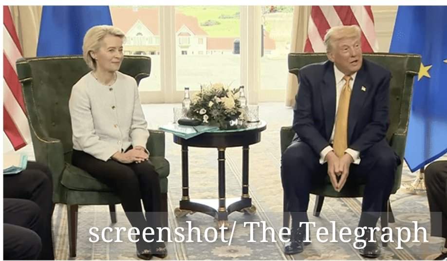 Die Körperhaltung sagt mehr als 1000 Worte! #Trump breitbeinig und selbstbewusst, #vonderleyen hingegen wie eine Schülerin, die zum Direktor bestellt wird! Und so jemand, der noch nichtmal gewählt ist, soll im Namen von hunderten Millionen Europäern Milliarden-Deals abschliessen?