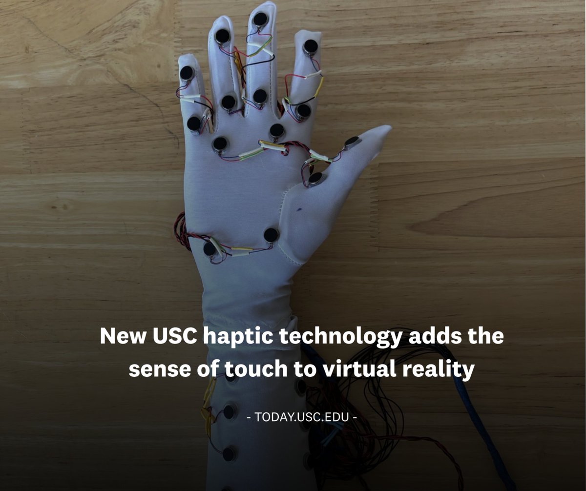 USC's tweet image. Long-distance high five? Hugs from across the country? A squeeze through the screen? Wearable tech by @USCViterbi lets users feel gestures real-time in virtual reality.
🔗 uscne.ws/haptics