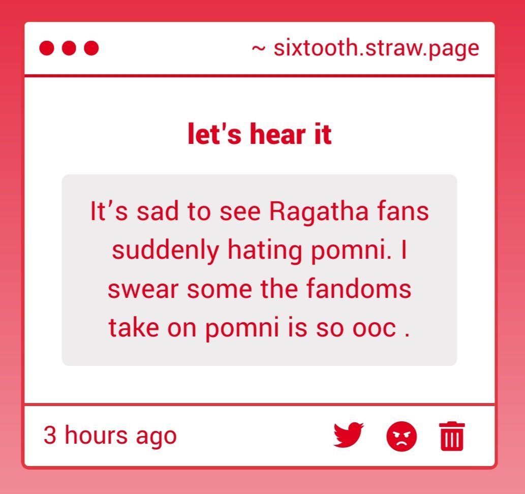 poonaple_'s tweet image. methinks some of them are projecting a biiit too much, cause how is Pomni genuinely your choice of character to hate in this show
Jax hate I understand and will not argue against, but *Pomni*???