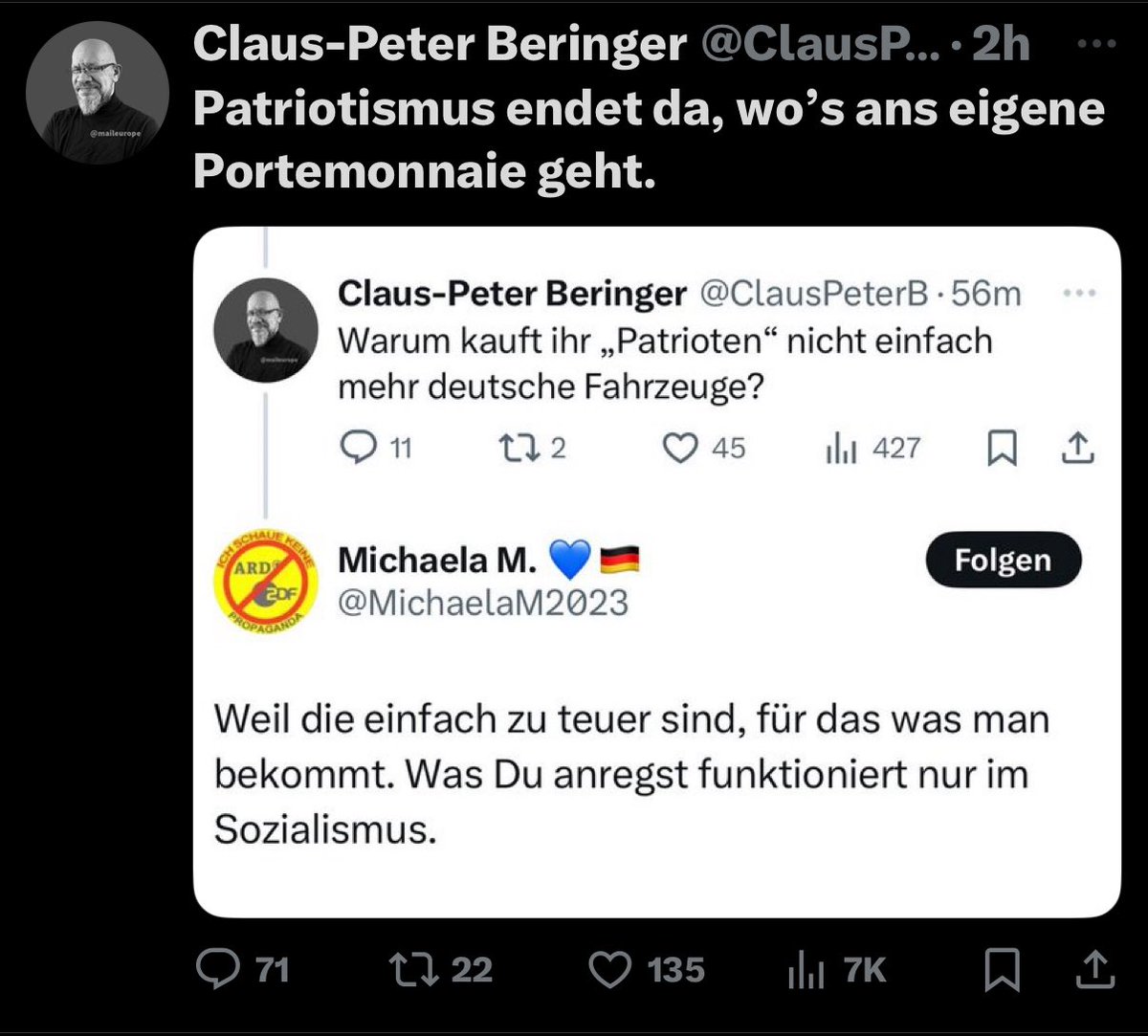 Lebe gnadenlos über deine Verhältnisse und werde Knecht deiner Schulden oder du bist kein Patriot  🤷🏼‍♂️