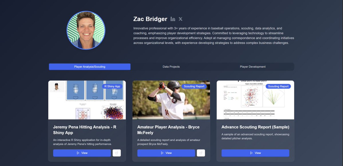 🚨 Exciting update!

I just published the latest version of my portfolio on the website I built.

Check it out if you dare👇
🔗 ridgelinebaseballanalytics.com/portfolio

#DataAnalytics #PlayerDevelopment #BaseballAnalytics #Scouting #MLB