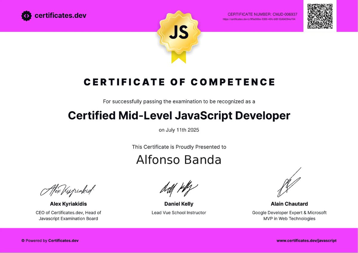 Congratulations to Alfonso Banda from Mexico for earning our Mid-Level JavaScript Certification! 🎉🇲🇽

This achievement reflects strong JavaScript skills and dedication to mastering real-world coding challenges. 

Well done, Alfonso! 👏