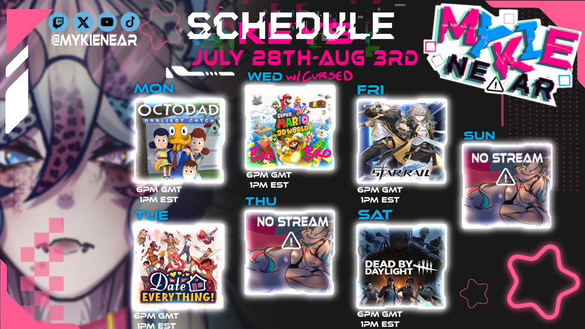 Mykienear's tweet image. ‼️ MYMY WEEKLY SHEDULE ‼️

twitch.tv/mykienear