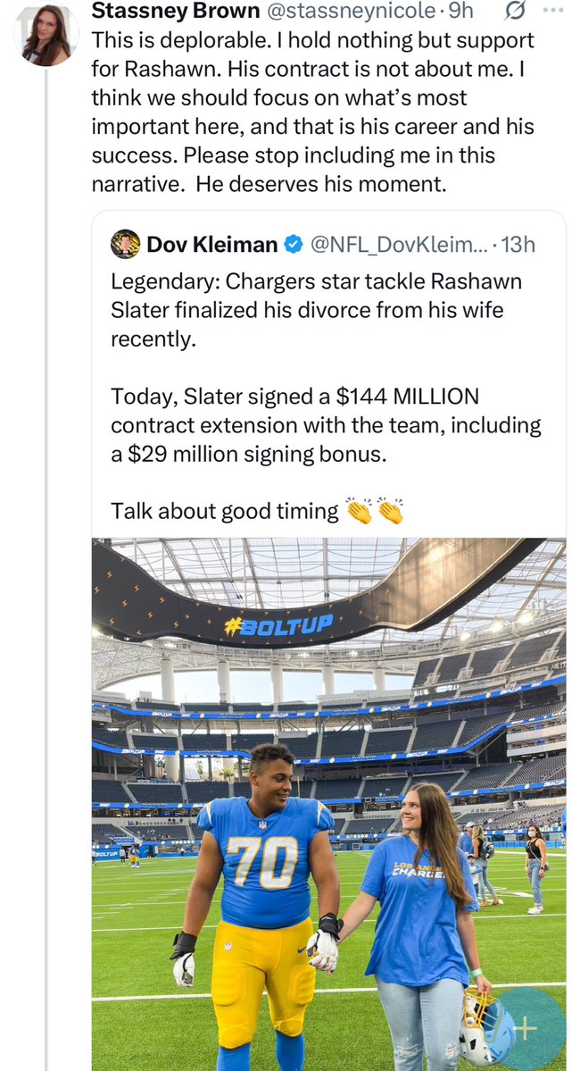IceBorg's tweet image. NFL aggregators in general tend to be lazy & stupid. @NFL_DovKleiman is going to new low with this Rashawn Slater contract & ex-wife bit.
“I didn’t mention your name!” Golf clap as you frame the entire bit around her & post a picture of her/them & double down. Loser & creep